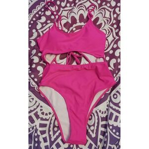 NEW Hot Pink Cutout Middle Monokini Corset‎ Lace Up Back One Piece Swimsuit, Med